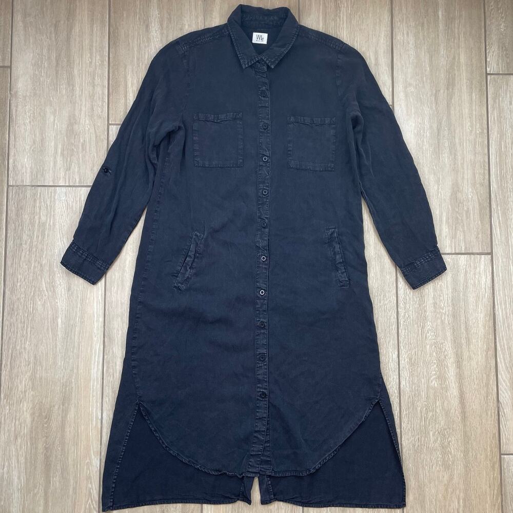 Wash Lab Lyocell Shirt Dress Womens Medium Black Button Front Midi Utility